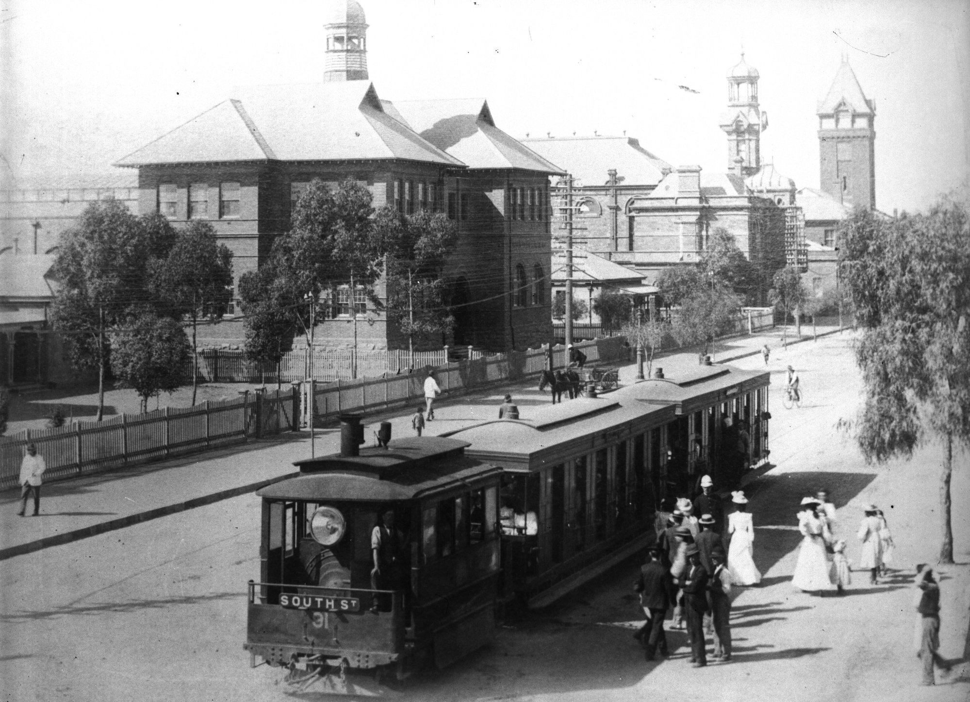 A black and white photo of a steam tram on Argent St taken a few short years after this letter was written