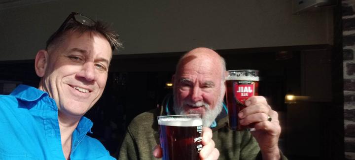 My bonus dad, JB, and I having a beer after I arrived in Totnes