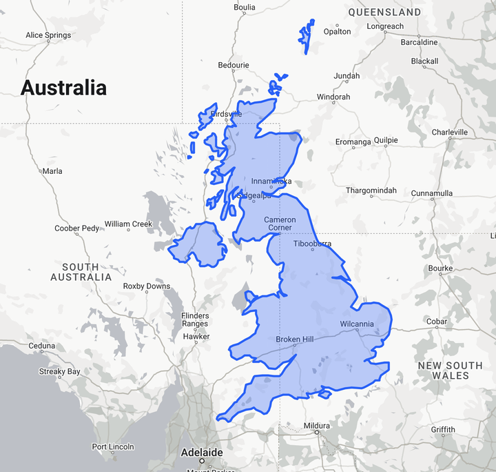 A map showing the Far Western NSW with the United Kingdom overlayed to give a sense of scale
