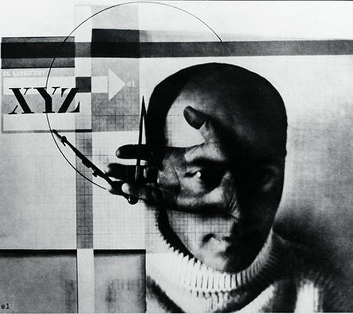 A black & white photo-montage self-portrait of the artist Lissitzky. It is overlaid with technical drawing gridpaper and a compass