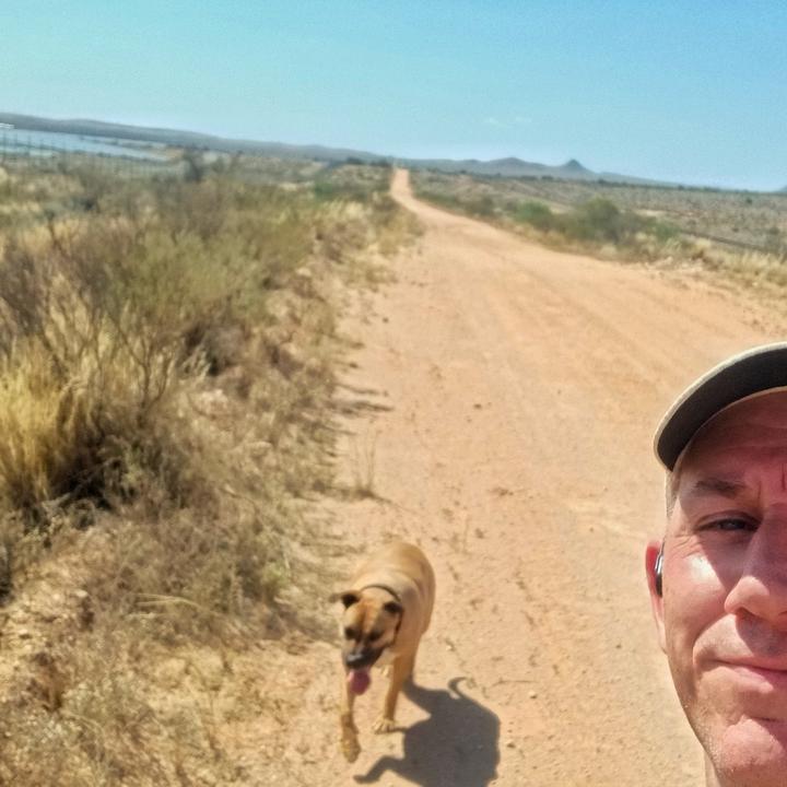 Winnie and I out running on a dirt track outside Broken Hill