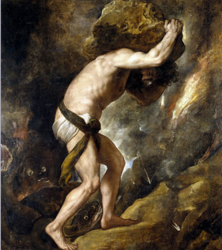 Titian's paintng of Sisyphus lugging that eternal rock up that eternal hill