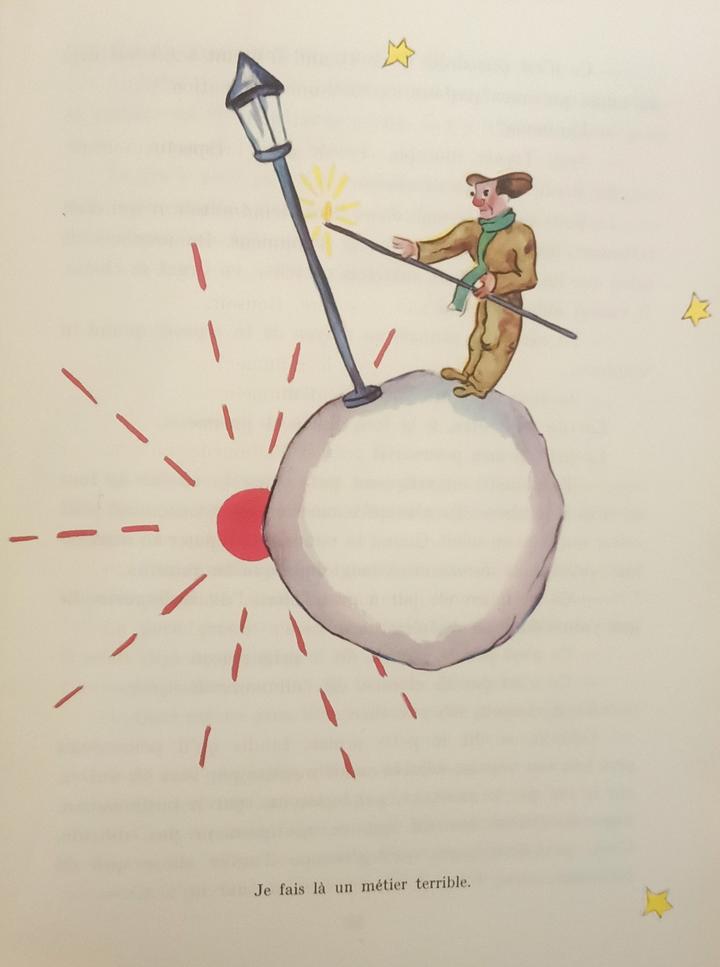 A watercolour by Exupéry of the Lamplighter standing on his little planet lighting a single lamp as the sun sets. The planet, sun, lamp and lamplighter are all there in the picture, whole.